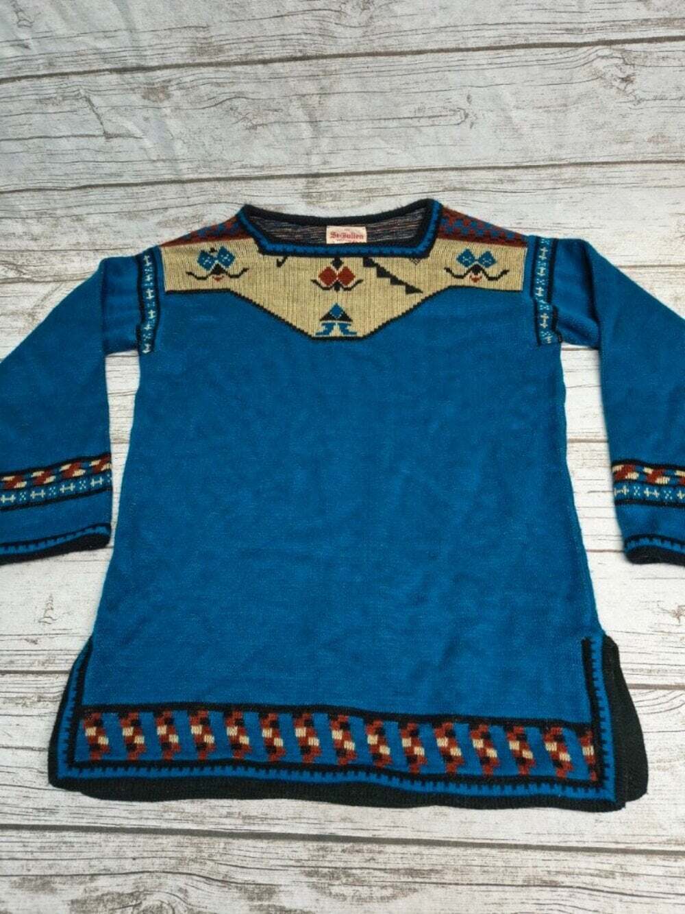 Vtg The St Julian Sweater Co Blue Southwestern Pattern Knit Sweater Size Large